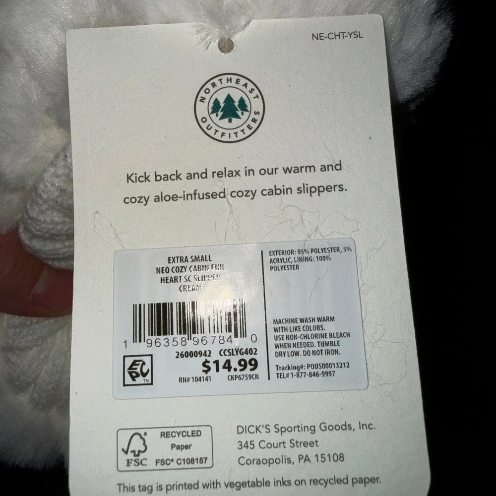 Northeast Outfitters Cozy Cabin Slippers Youth XS 9K-1 Cream New Aloe Infu Heart